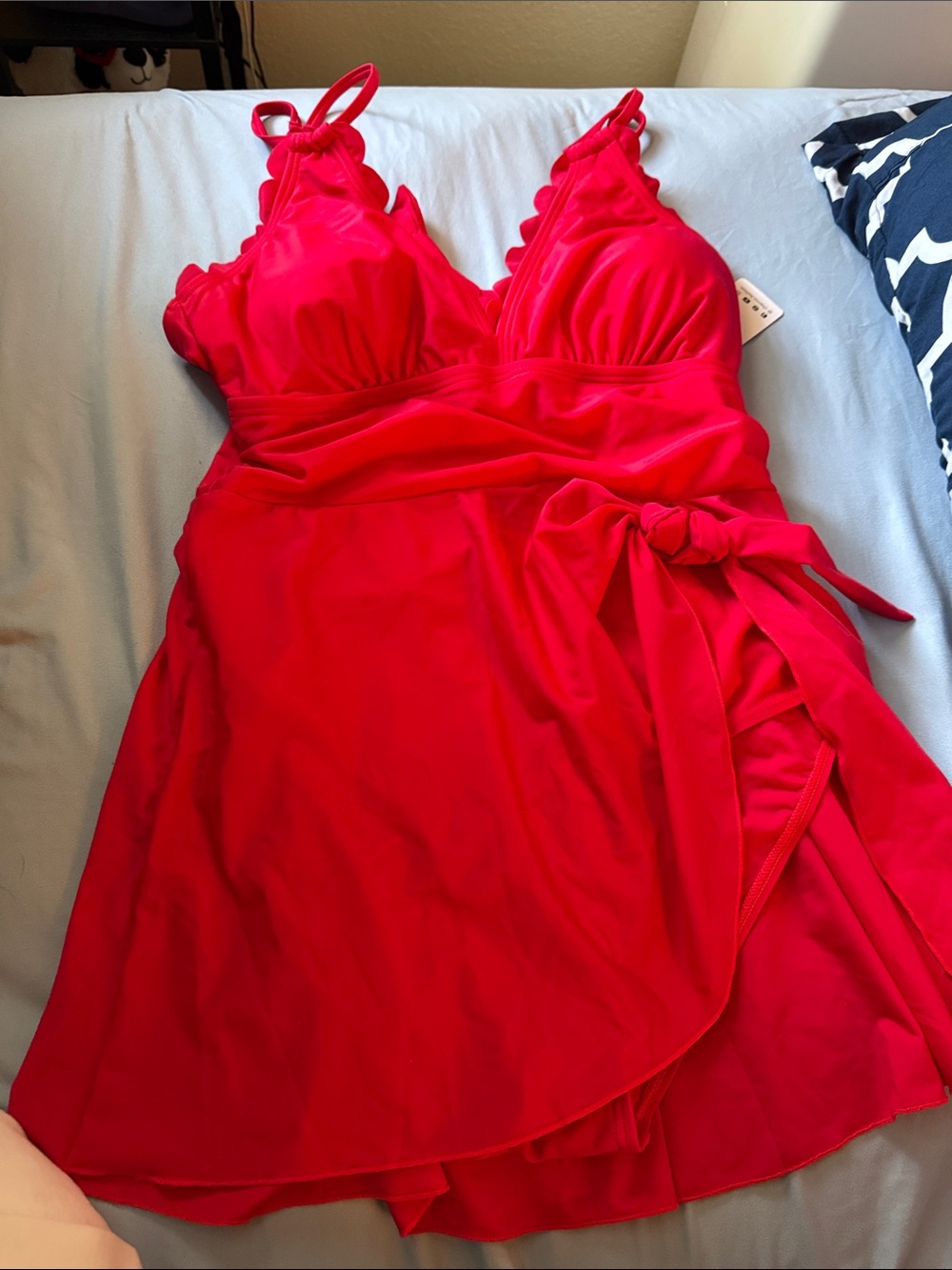 Bright Red Wrap-Front One-Piece Swimdress with Tie Waist